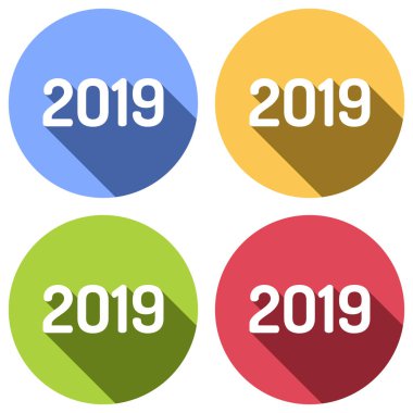 2019 sayı simgesi. Yeni Yılınız Kutlu Olsun. Mavi, turuncu, yeşil ve kırmızı renkli daireler uzun gölge ile beyaz simgeler kümesi. Etiket tarzı