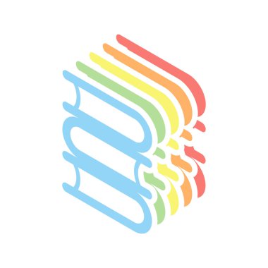 Kütüphane, birkaç kitap. Beyaz arka plan üzerinde renkli izometrik simgeler yığını