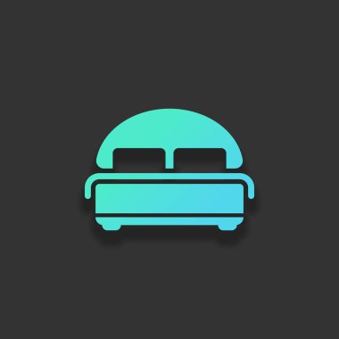 Çift Kişilik Yatak silüeti. Çift otel odasında. Renkli logo kavramı koyu arka plan üzerinde yumuşak gölge ile. Masmavi okyanus rengini simgesi