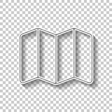 Basit harita simgesi. Doğrusal sembolü ile ince anahat. Gölge şeffaf arka plan üzerinde beyaz anahat işaretiyle