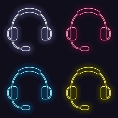 Kulaklık mikrofon ile. Servisini destekleyen. Basit simgesi. Neon işareti kümesi. Koyu arka plan üzerinde casino tarzı. Seamless modeli