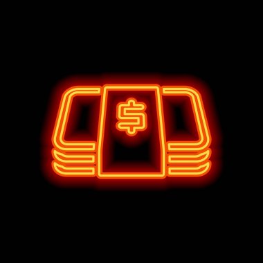 Doları para veya fişlerin sürüsü. İş simgesi. Siyah arka plan üzerine portakal neon tarzı. Işık simgesi