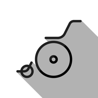 Tekerlekli sandalye. Doğrusal, ince anahat. Uzun gölge beyaz arka planda siyah nesnesiyle