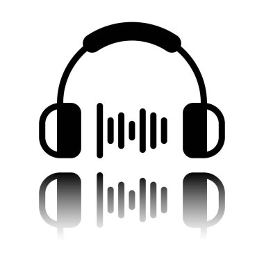 Kulaklık ve müzik dalgası. Orta ses düzeyi. Basit simgesi. Siyah beyaz arka plan ayna yansıması simgesiyle