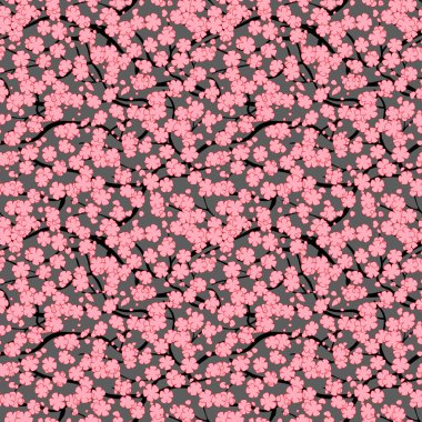 Çiçekli sakura ağacı. Sonsuz kıvırcık dalları. Oryantal tarzda. Gri arka plan ile Seamless modeli