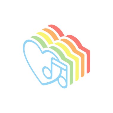 Duydum ve dikkat, favori müzik. İnce anahat ile doğrusal simgesi. Beyaz arka plan üzerinde renkli izometrik simgeler yığını