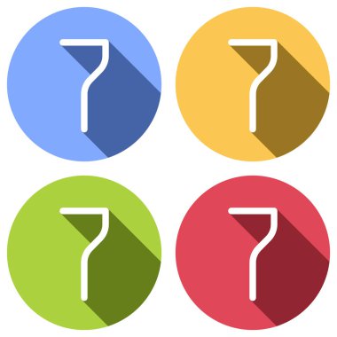 7 sayı, ad, sıfat, yedinci. Mavi, turuncu, yeşil ve kırmızı renkli daireler uzun gölge ile beyaz simgeler kümesi. Etiket tarzı