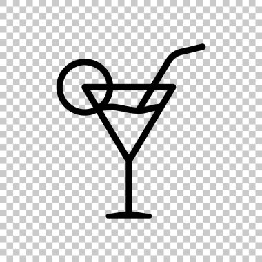 Kokteyl cam. İnce anahat ile basit doğrusal simgesi. Saydam arka plan üzerinde.
