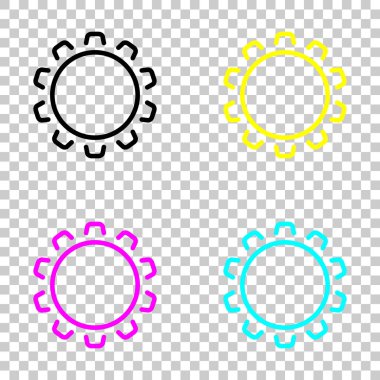 Basit dişli veya ayar. Doğrusal simgesi, ince anahat. Cmyk simgeleri şeffaf arka plan üzerinde renkli dizi