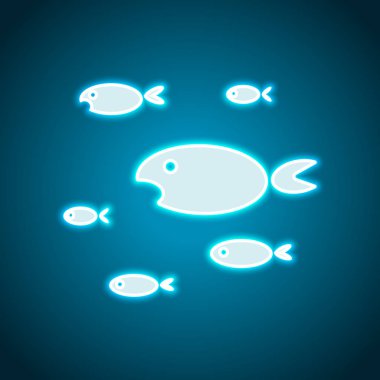 Balıklar sürüsü. Neon tarzı. Işık dekorasyon simgesi. Parlak elektrik sembolü