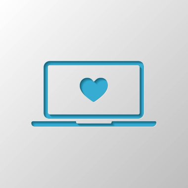 Laptop ya da defter bilgisayar ekranında kalp ile. Basit simgesi. Kağıt tasarımı. Gölge ile düzenlenen sembolü