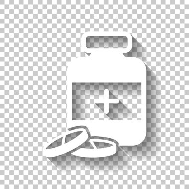 İlaç ve ilaç şişesi. Gölge şeffaf arka plan üzerinde beyaz simgesi