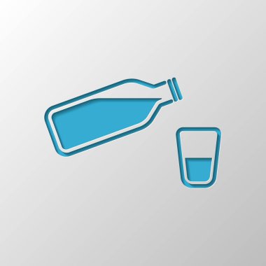 şişe su kabarcıkları ve cam bardak ile. basit simgesi. Kağıt tasarımı. Gölge ile düzenlenen sembolü