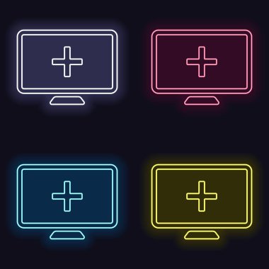 bilgisayar ve çapraz tıbbi, tıbbi bir site. basit simgesi. Neon işareti kümesi. Koyu arka plan üzerinde casino tarzı. Seamless modeli