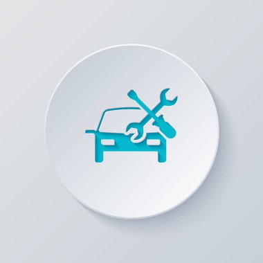 Araba servisi, onarım aracı, düzeltmek. Gri ve mavi katmanları ile daire kes. Kağıt tarzı