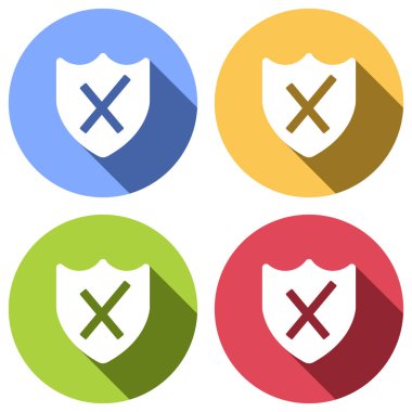 kırık koruma. basit simgesi. Mavi, turuncu, yeşil ve kırmızı renkli daireler uzun gölge ile beyaz simgeler kümesi. Etiket tarzı