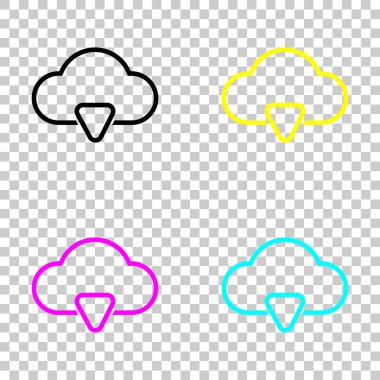 Anahat bulut indir basit simgesi. Doğrusal sembolü ile ince anahat. Cmyk simgeleri şeffaf arka plan üzerinde renkli dizi