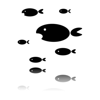 Balıklar sürüsü. Siyah beyaz arka plan ayna yansıması simgesiyle