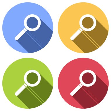 büyüteç simgesini. Mavi, turuncu, yeşil ve kırmızı renkli daireler uzun gölge ile beyaz simgeler kümesi. Etiket tarzı