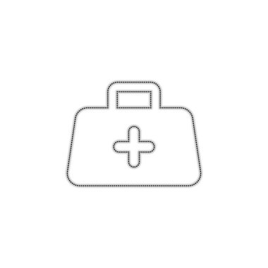 ilk yardım çantası, basit simgesi. Noktalı anahat siluet gölge beyaz arka plan üzerinde