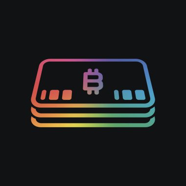 Bitcoin para veya fişlerin sürüsü. İş simgesi. Gökkuşağı rengi ve koyu arka plan
