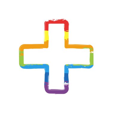 Tıbbi çapraz simgesi. İşareti Lgbt style, gökkuşağı kırmızı, turuncu, sarı, yeşil, mavi, Indigo, menekşe, yedi renk ile çizim