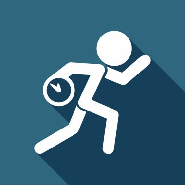 Saat çalışan adam. Basit simgesi. Geç kalmak. Hoş olmayan bir durum. Uzun Gölge arka plan üzerinde beyaz düz simgesi