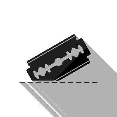 jilet ve kesme hattı. basit simgesi. Uzun gölge beyaz arka planda siyah nesnesiyle