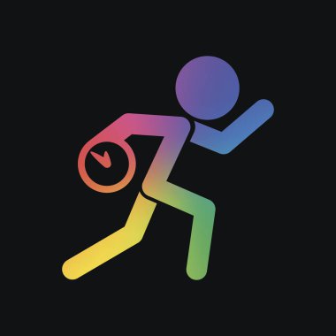 Saat çalışan adam. Basit simgesi. Geç kalmak. Hoş olmayan bir durum. Gökkuşağı rengi ve koyu arka plan