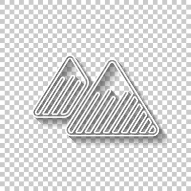 Dağlar simgesi. İnce anahat doğrusal stiliyle. Gölge şeffaf arka plan üzerinde beyaz anahat işaretiyle