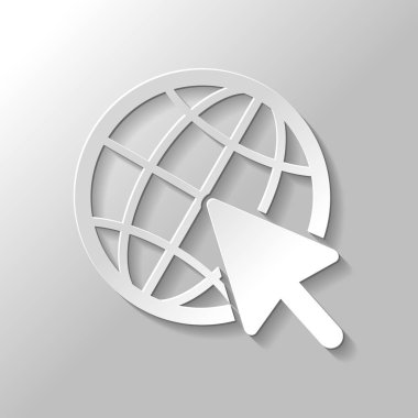 Küre ve ok simgesi. Kağıt tarzı ile gölge gri arka plan üzerinde