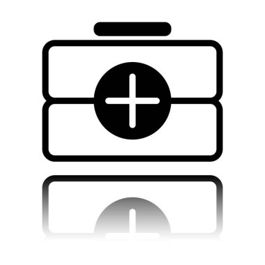 ilk yardım çantası, anahat simgesi. Siyah beyaz arka plan ayna yansıması simgesiyle