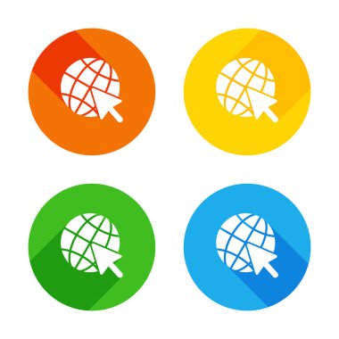 Küre ve ok simgesi. Renkli daireler arka plan düz beyaz simgesi. Dört farklı uzun gölgeler her köşe