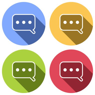 Basit metin bulut. Doğrusal, ince anahat. Mavi, turuncu, yeşil ve kırmızı renkli daireler uzun gölge ile beyaz simgeler kümesi. Etiket tarzı