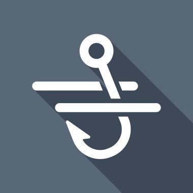 Balıkçılık kanca ve su. Basit simgesi. Uzun Gölge arka plan üzerinde beyaz düz simgesi