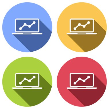 Grafik finans, büyümek. Mavi, turuncu, yeşil ve kırmızı renkli daireler uzun gölge ile beyaz simgeler kümesi. Etiket tarzı