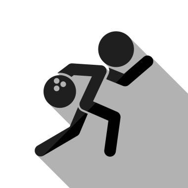 adam, simge Bovling çalıştırıyor. Uzun gölge beyaz arka planda siyah nesnesiyle