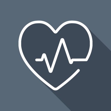 Kalp ve nabız hattı. Bir çizgi stili. İnce anahat ile doğrusal simgesi. Uzun Gölge arka plan üzerinde beyaz düz simgesi