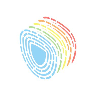 Parmak izi içinde kalkan. Logo özel kimliği korumak. Güvenlik simgesi. Beyaz arka plan üzerinde renkli izometrik simgeler yığını