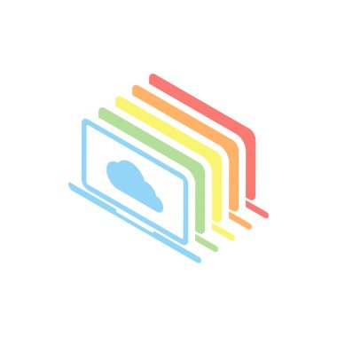 Bulut teknolojisi, bilgisayar yazılımı. Laptop ve bulut. Beyaz arka plan üzerinde renkli izometrik simgeler yığını