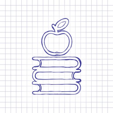 Elma üstünde kitap kutsal kişilerin resmi. Bilgi logosunu görmeniz gerekir. Elle çizilmiş resim kağıt sayfası. Mavi mürekkep, anahat kroki tarzı. Damalı zemin üzerine doodle