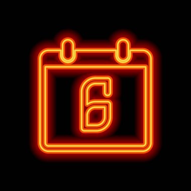 6 gün, basit simgesi ile takvim. Siyah arka plan üzerine portakal neon tarzı. Işık simgesi