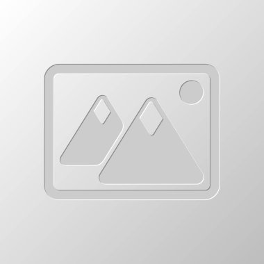 Dağlar ve güneş çift ile hayal et. Basit simgesi. Kağıt tasarımı. Düzenlenen sembolü. Çekirdeksiz stili