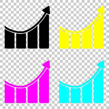 Çubuk grafiği yükselen ok simgesi ile büyüyor. Cmyk simgeleri şeffaf arka plan üzerinde renkli dizi.