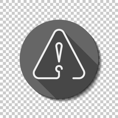 Uyarı üçgeni içinde ünlem işareti. Doğrusal sembolü ile ince anahat. bir çizgi stili. basit simgesi. Saydam arka plan üzerinde bir dairede uzun gölge beyaz düz simgesi. Rozet veya etiket stili