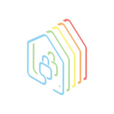 kilit simgesi olan ev. çizgi stili. Beyaz arka plan üzerinde renkli izometrik simgeler yığını