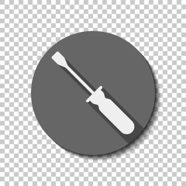 Tornavida basit silüeti. Saydam arka plan üzerinde bir dairede uzun gölge beyaz düz simgesi. Rozet veya etiket stili