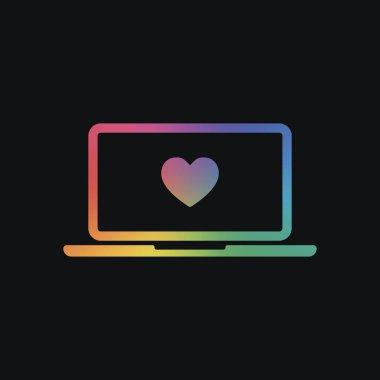 Laptop ya da defter bilgisayar ekranında kalp ile. Basit simgesi. Gökkuşağı rengi ve koyu arka plan