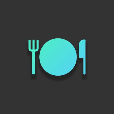 çatal bıçak takımı. tabak çatal ve bıçak simgesi. Renkli logo kavramı koyu arka plan üzerinde yumuşak gölge ile. Masmavi okyanus rengini simgesi