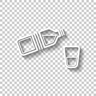 bir şişe su ve cam. basit tek simge. Gölge şeffaf arka plan üzerinde beyaz anahat işaretiyle